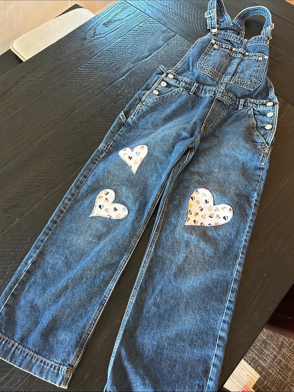 Upcycled GAP Blue Denim Teen Overalls with Embroidered Heart Appliqués Size XL